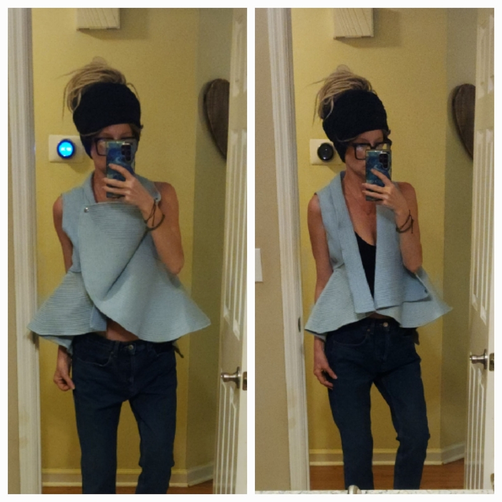 OAK AOK Gorgeous Fluted Peplum Denim Chambray Flared Vest